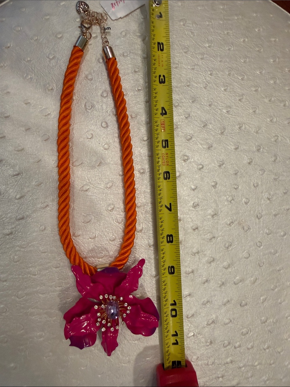 Betsey Johnson Pink Floral Pendant Necklace with Orange Rope Cord